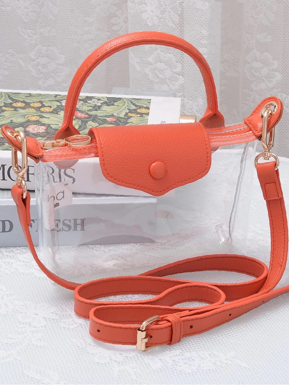 Clear Orange Crossbody Tote with Navy Trim